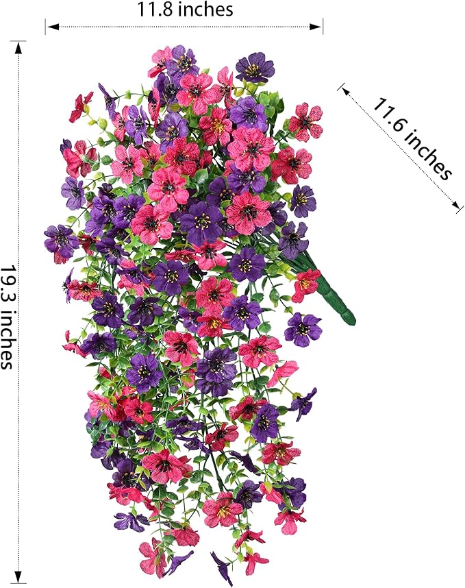 Artificial Faux Hanging Flowers Plants for Spring Outdoor Outside Decoration, 2 PCS Fake Silk Daisy with Eucalyptus UV Resistant Realistic Trailing Vines for Balcony Patio Porch (Darkpurple+Hotpink)