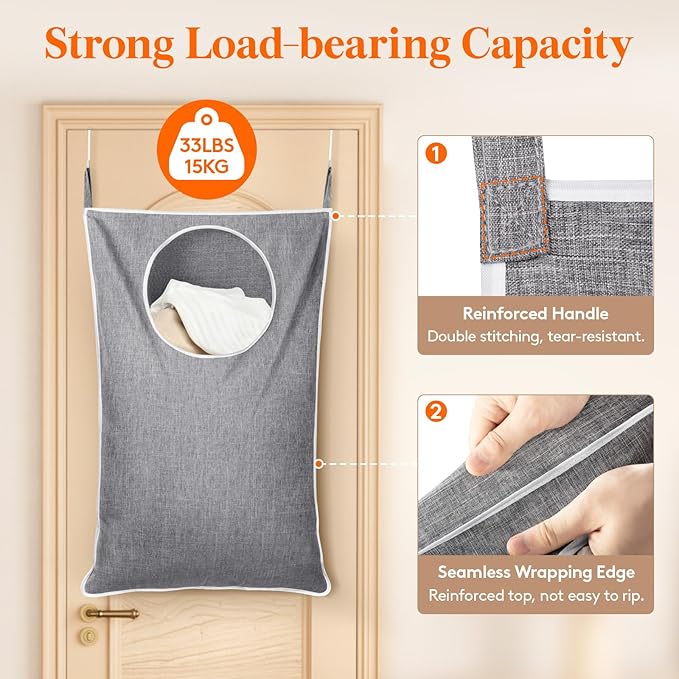 Lifewit Over Door Laundry Hamper, Large Collapsible Hanging Laundry Hamper, Hanging Laundry Basket Bag for Bathroom Bedroom Dirty Clothes Storage Organizer, Light Gray