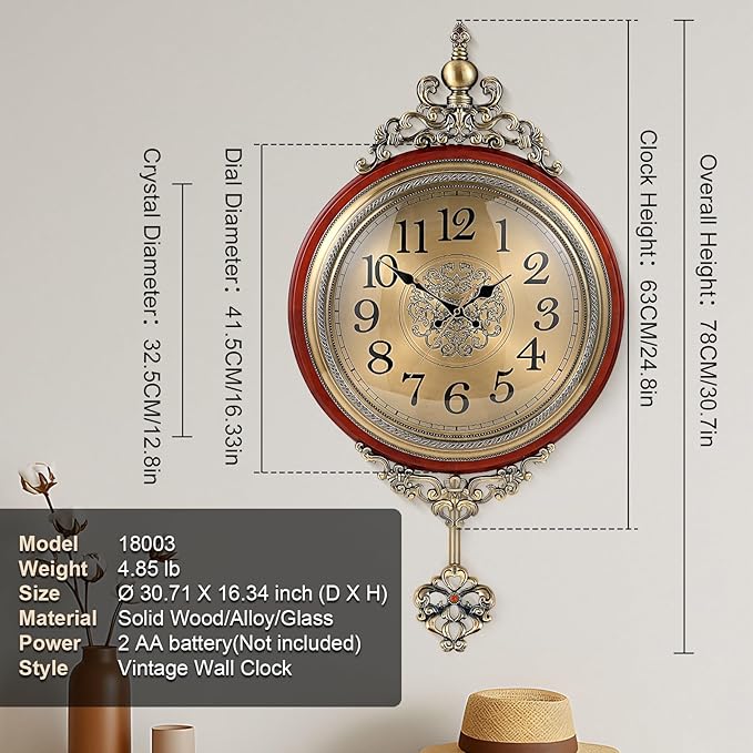 Vintage Wall Clock with Pendulum, 16 Inch Large Retro Metal and Glass Silent Clock for Living Room, Antique Wood Pendulum for Dining Room Office Home Decor
