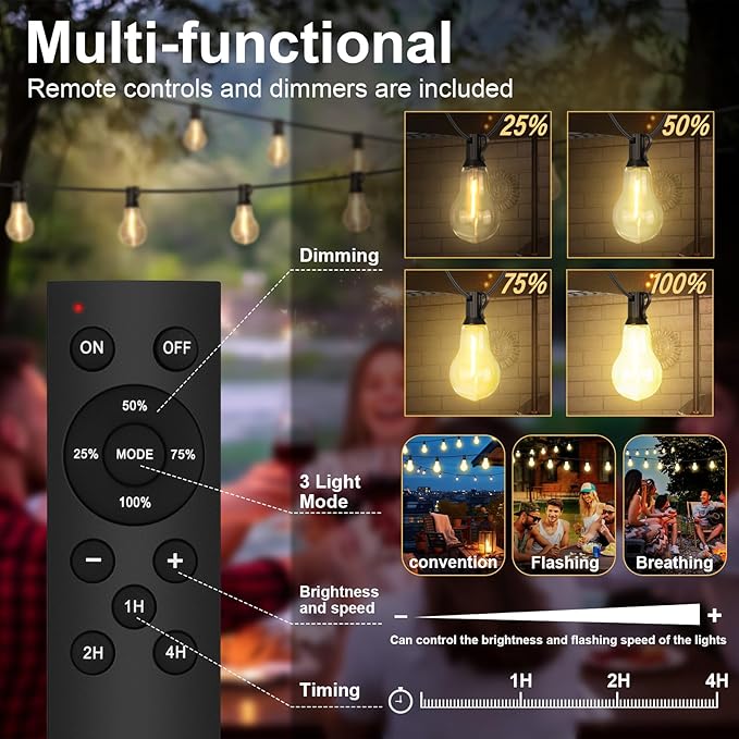 100FT Outdoor String Lights Waterproof with 64+4 Bulbs (1.5FT Bulbs Spacing), Remote & Dimmer, Commercial Patio String Lights with 3 Mode Light & Timing, 100PC Mounting Ties for Outside