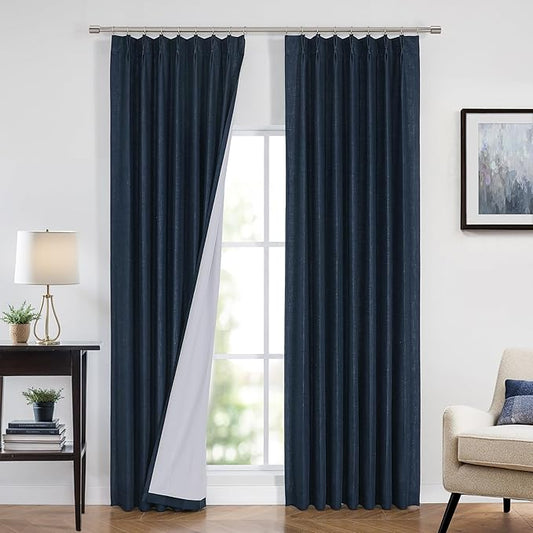 Vision Home Navy Blue Pinch Pleated Full Blackout Curtains Linen Blended Room Darkening Curtain Panels 95 inch for Living Room Bedroom Thermal Insulated Pinch Pleat Drapes with Hooks 8FT 40" Wx95 Lx2