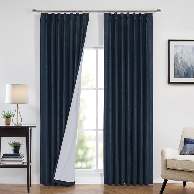 Vision Home Navy Blue Pinch Pleated Full Blackout Curtains Linen Blended Room Darkening Curtain Panels 108 inch for Living Room Bedroom Thermal Insulated Pinch Pleat Drapes with Hooks 9FT 40"Wx108"Lx2