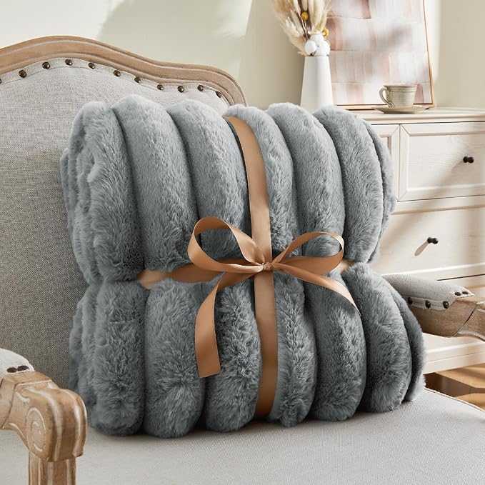 BEDELITE Faux Fur Throw Blanket for Couch, Soft and Cozy Luxurious 3D Striped Fluffy Blanket, 770GSM Thick Warm Plush Fuzzy Faux Rabbit Fur Blanket for Women Gift (Crey, 50"x 60")
