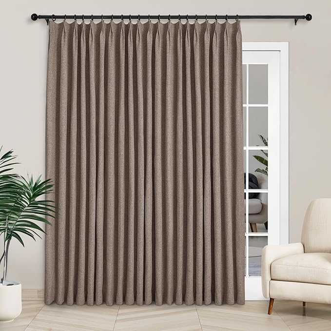 Macochico 100”Wx102”L 100% Blackout Pinch Pleated Linen Curtains for Sliding Door Bedroom Living Room Farmhouse Thermal Insulated Light Brown Burlap Drapes with Tieback 1 Panel Shabby Chic Style