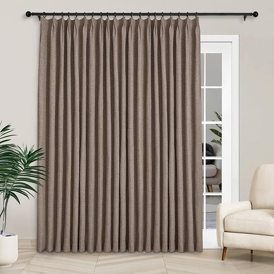 Macochico 100”Wx102”L 100% Blackout Pinch Pleated Linen Curtains for Sliding Door Bedroom Living Room Farmhouse Thermal Insulated Light Brown Burlap Drapes with Tieback 1 Panel Shabby Chic Style