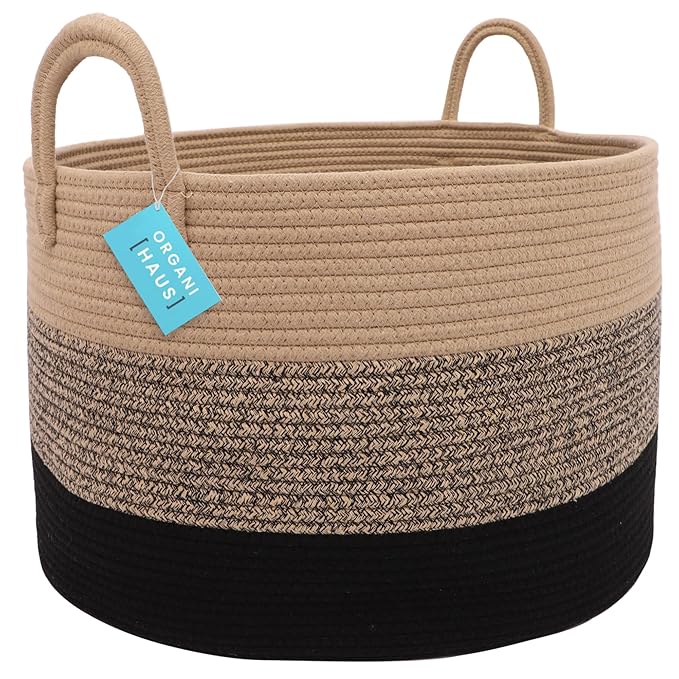 OrganiHaus Woven Laundry Basket, Large Cotton Rope Blanket Holder with Handles, Soft & Sturdy Nursery Hamper, Decorative Toy Bin for Living Room Organization 20x13 inches - Brown/Black