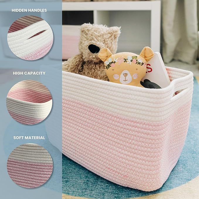OrganiHaus Set of 3 Woven Storage Baskets for Organizing, Cotton Rope Organizer Bins for Shelves, Closet & Nursery, Dog Toy Basket, Decorative Bins for Toys, Towels & Books - 15x10x9, Pink/Off-White