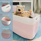 OrganiHaus Woven Storage Baskets for Organizing, Cotton Rope Organizer Bins for Shelves, Closet & Nursery, Dog Toy Basket, Decorative Bins for Toys, Towels & Books - 15x10x9, Pink/Off-White