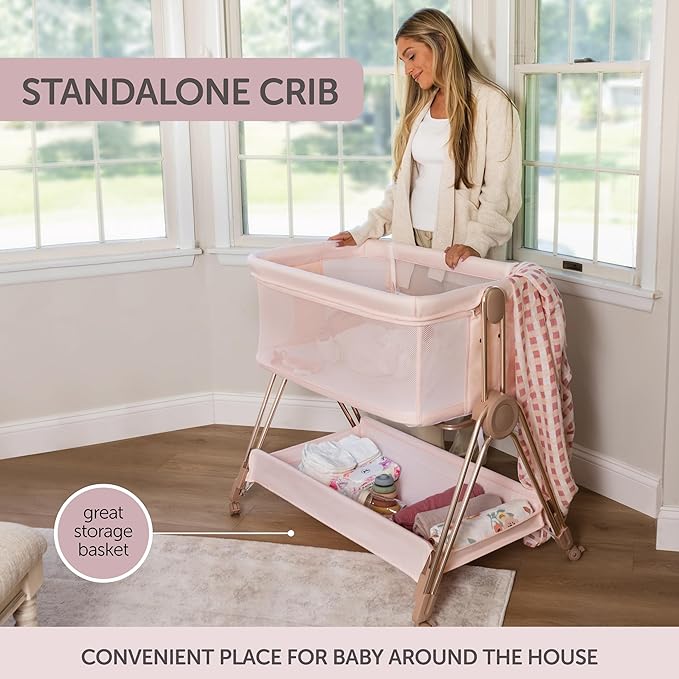 Baby Bedside Sleeper - Bassinet & Bedside Crib with Height Adjustment & Wheels - Can Be Placed Next to Bed - Attaches to Parents Bed - Easy to Fold & Carry Bassinet for Girls (Pink)