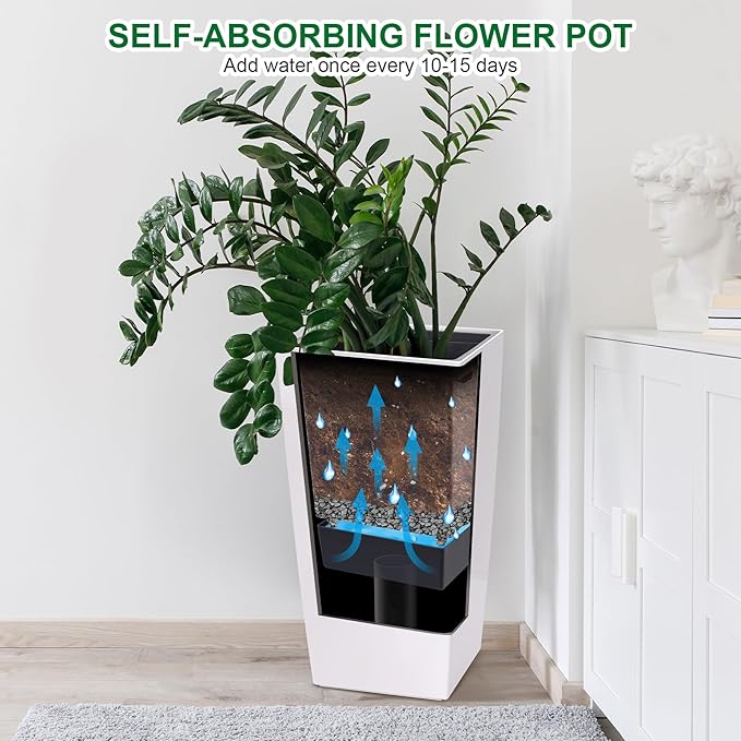 30" Tall Planters Set of 2, Outdoor＆Indoor Black Planter Pots, High Front Porch Planter Pots with Drainage Holes＆Water Level Monitor Movable Wheels ＆Inner Bucket, Automatic Watering, White