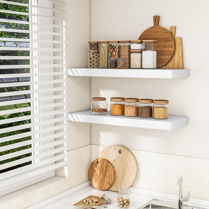 RICHFOCUS 36Inch Floating Shelves for Wall 2 Pack Shelves for Bedroom|Kitchen|Bathroom Wall Mounted Rustic Wood Floating Shelf with Invisible Brackets for Books|Storage|Decor, White