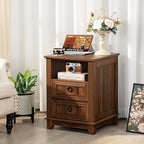 18" Farmhouse Night Stands Set of 2 with Charging Station, 2 Drawers End Table Dresser for Bedroom, Brown Wooden Nightstand, Bed Side Table with Open Shelf, Bedside Cabinet for Living Room