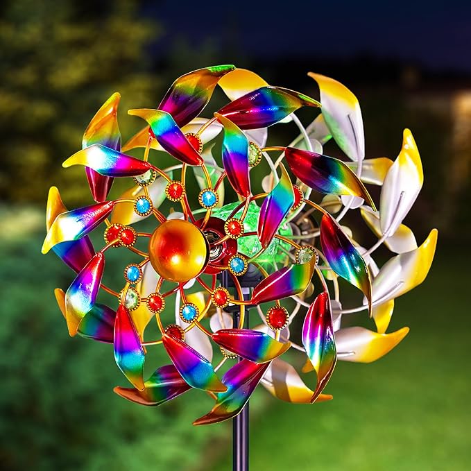 Solar Wind Spinners for Yard and Garden - 360° Metal Large Wind Sculptures Outdoor Clearance Kinetic Windmills with 4 Layer Jeweled Blades for Patio, Lawn Garden Decoration - 54Inch