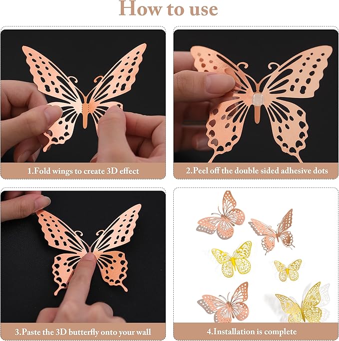 SAOROPEB 3D Butterfly Wall Decor, 48 Pcs 4 Styles 2 Color 3 Sizes, Removable Metallic Wall Sticker Room Mural Decals for Kids Bedroom Nursery Classroom Party Decoration (2 Color)