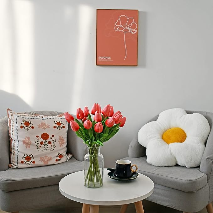 Mandy's Artificial Tulips 20 Stems Coral PU Faux Flowers for Wedding Home Decor 13.5 Inch