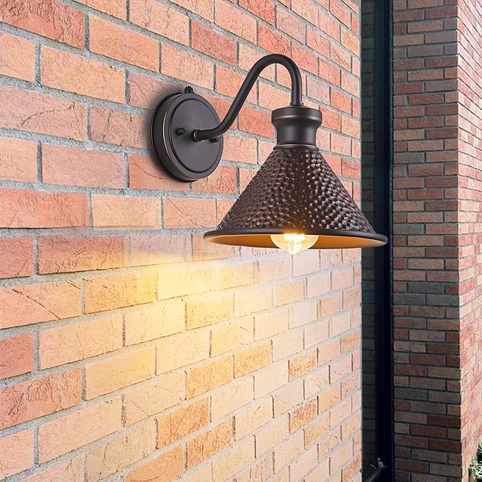Dusk to Dawn Outdoor Gooseneck Wall Sconce with Dark Sky Cast Hammered Aluminum Shade in Oil Rubbed Bronze Finish,Anti-Rust Waterproof Outdoor Light for Farmhouse Porch Garage,1-Light E26