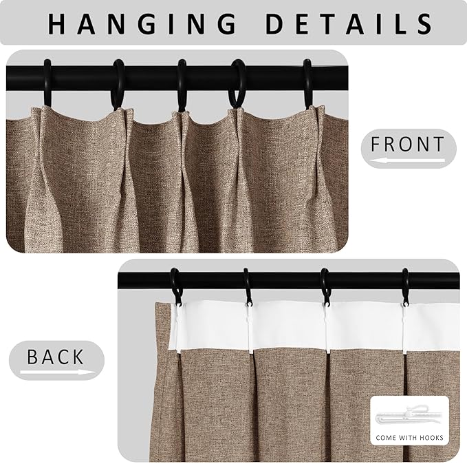 Macochico Extra Wide 100% Blackout Linen Curtains for Sliding Door Pleated Curtains with Hooks Insulated Soft Linen Drapes for Bedroom Living Room with Tieback Taupe 100”Wx84”L 1 Panel