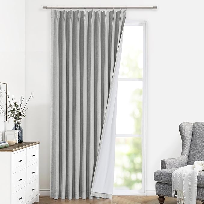 Vision Home Light Gray Pinch Pleated Full Blackout Curtains Linen Blended Thermal Insulated Window Panels 108 inch for Bedroom Living Room Darkening Grey Pleat Drapes with Hooks Back Tab 60"Wx108"Lx1