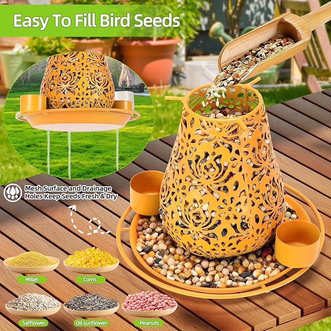 Mushroom Solar Bird Feeders for Outdoors Hanging Metal Wild Bird Feeder Garden Lantern with S Hook for Garden Decoration Orange