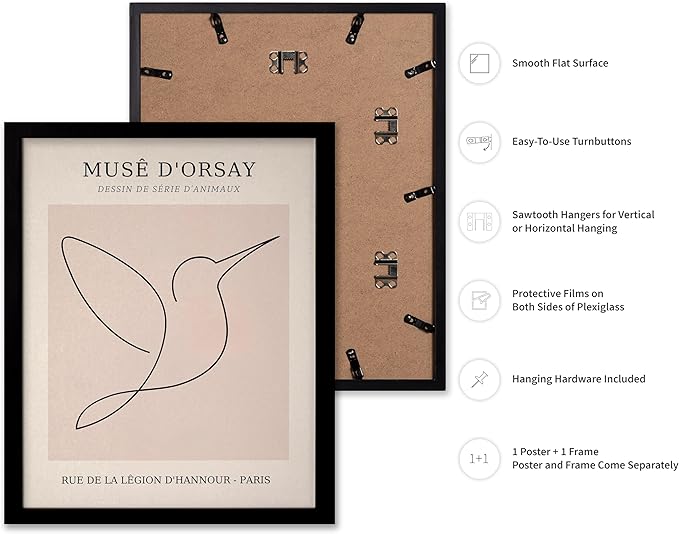 Poster Master Vintage Poster - Retro One Line Hummingbird Drawing Print - Bird Line Art - Minimal Gift for Him, Her, Animal Lover - Abstract Decor for Home, Office, 8x10 Black Framed