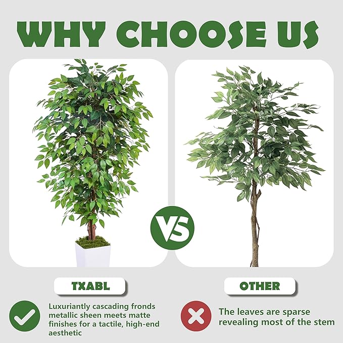 Artificial Ficus Tree 6FT Faux Floor Tree with Planter UV Resistant Potted Fake Silk Plant, Real Wood Trunk-Indoor Outdoor Lifelike Fake Ficus Tree for Home, Living Room Bedroom Topiary Tree