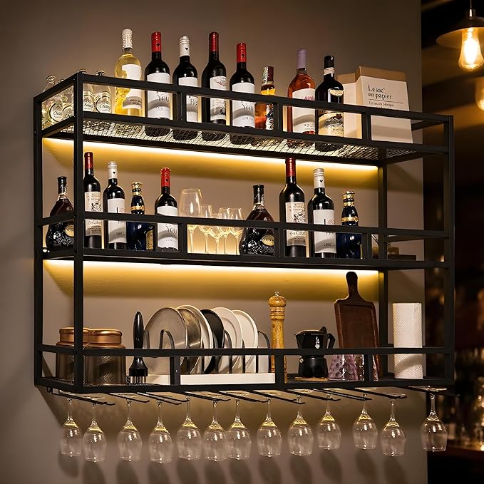 59" Large Wine Rack Wall Mounted with Bottle Glass Holder, 3-Tiers Metal Liquor Floating Shelves with LED Light, Wall Bar Shelf for Home, Restaurant, Commercial Bar, Kitchen Storage Display