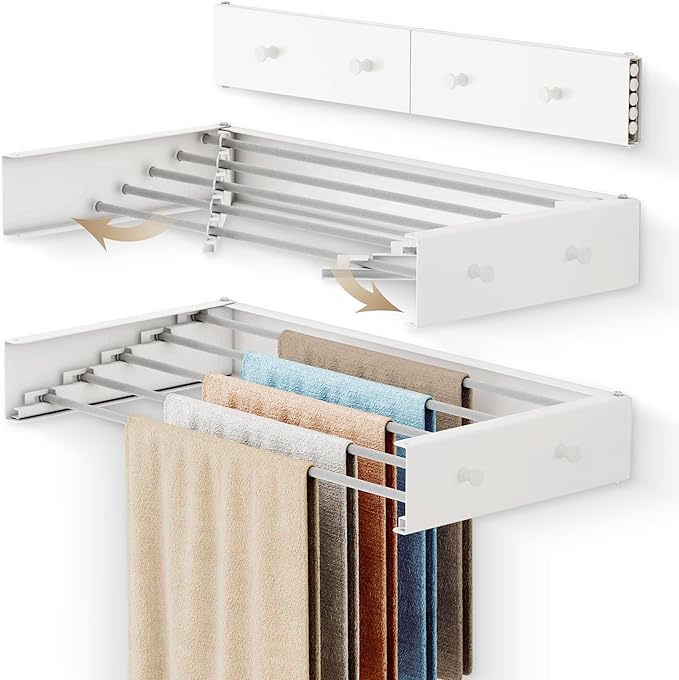 Upgrade Wall Mounted Clothes Drying Rack, 31.5 Inch, Foldable, Collapsible, Retractable, White