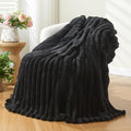 NEWCOSPLAY Super Soft Throw Blanket Black Premium Silky Flannel Fleece 3D Ribbed Jacquard Lightweight Bed Blanket All Season Use (Black Ribbed, Throw(50"x60"))
