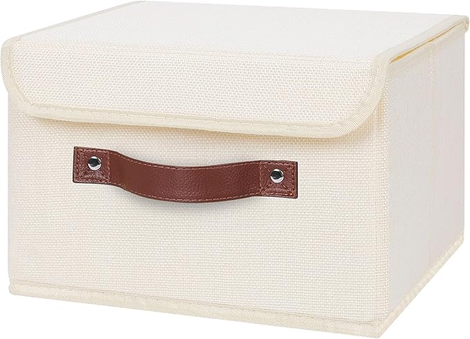 ANMINY Storage Bin with Lid Storage Boxes with PU Leather Handles PP Plastic Board Decorative Foldable Lidded Cotton Linen Fabric Home Cubes Baskets Closet Organizer Container - Beige, Small Size