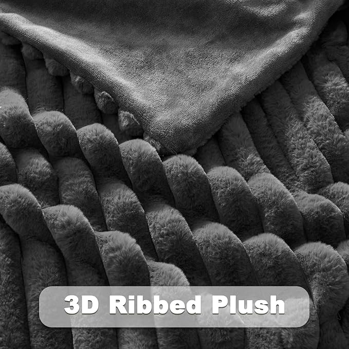 NEWCOSPLAY Faux Fur Twin Blanket Grey 3D Ribbed Plush Thick Warm Blanket for Couch Sofa Bed 850GSM (Grey Ribbed, Twin(60"x80"))
