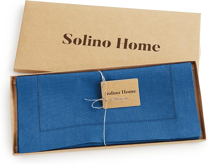Solino Home Linen Indigo Blue Table Runner 90 Inches Long - 100% Pure Linen 14 x 90 Inch Table Runner for Fall, Autumn - Classic Hemstitch