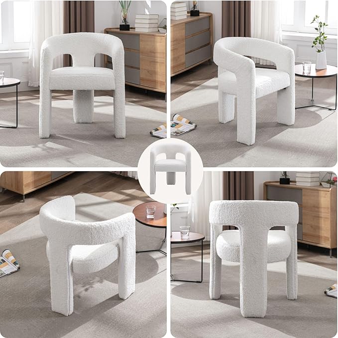 White Boucle Dining Chairs Set of 2, Modern Barrel Dining Room Chairs Upholstered Faux Fur Accent Chair with Arms and Round Back for Living Room Kitchen Armchair No Assembly Needed