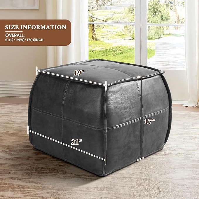 Leather Ottoman,Handmade Stuffed Square Ottoman,Genuine Leather Pouf, Foot Rest Pouf,Comfortable Soft Seating for Living Room & Bedroom (Grey, Square)