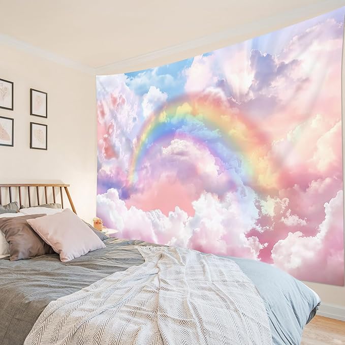 HVEST Rainbow Cloud Tapestry Wall Hanging - Pink Cloud With Glow Sunshine in Pastel Sky, Aesthetic Nature Landscape for Living Room Bedroom Decor, 80x60 Inches