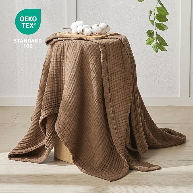 EMME Cotton Muslin Throw Blanket Couch Breathable Gauze Blanket Soft Lightweight Blankets Adults (Brown, 50"x60")
