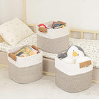 danpinera 11 Inch Storage Baskets, Woven Baskets for Organizing, 3 Pack Storage Cubes for Shelves, Closet, Nursery with Removable Leather Handles, White & Mixed Brown