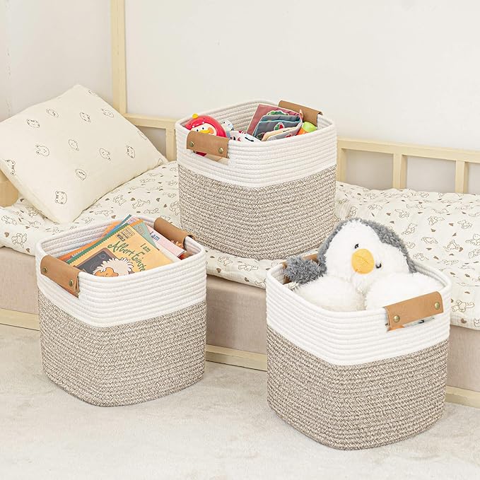 danpinera 11 Inch Storage Baskets, Woven Baskets for Organizing, 3 Pack Storage Cubes for Shelves, Closet, Nursery with Removable Leather Handles, White & Mixed Brown