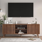 Mid Century Modern TV Stand for Televisions up to 70 Inches, with Sliding Doors and Storage, Television Stands, TV Consoles, Media Consoles for Living Room, 63 Inch (Walnut)