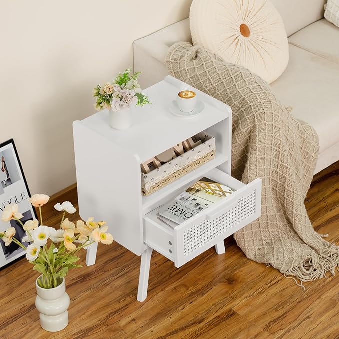 Lerliuo Rattan Nightstand, Side Table with Drawer Open Shelf, Cane Accent Bedside End Table with Solid Wood Legs, Mid Century Modern Night Stand for Bedroom, Dorm and Small Spaces (White)