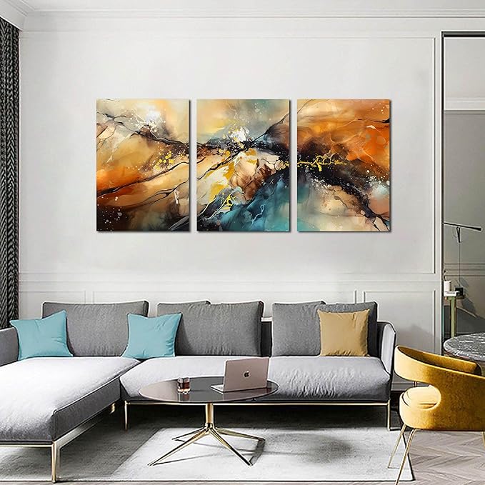 Abstract Living Room Pictures Wall Decor - Modern Bedroom Wall Decor Above Bed - Large 3 Piece Canvas Wall Art for Office Size 24" x 36"