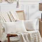 Fancy Homi 2 Packs Cream White Lumbar Decorative Throw Pillow Covers 14x24 Inch for Couch Bed Sofa, Rustic Farmhouse Boho Home Decor, Soft Striped Corduroy Rectangle Accent Cushion Case 35x60 cm
