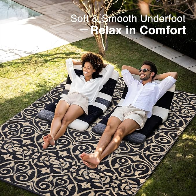 OLANLY Outdoor Rug Waterproof 8x10 ft Clearance, Reversible Outdoor Plastic Straw Rug with Floral Pattern, RV Mat for Patio, Camping, Balcony, Deck, Backyard, Black & Beige