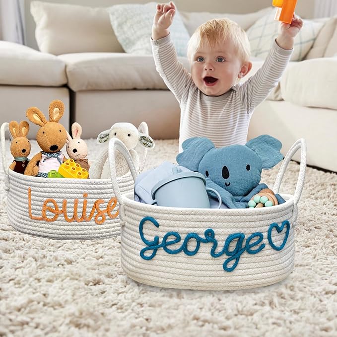 Personalized Baby Basket with Name Custom Cotton Rope Storage Bin for Diaper Caddy, Organizer, Keepsake - Shower Gift