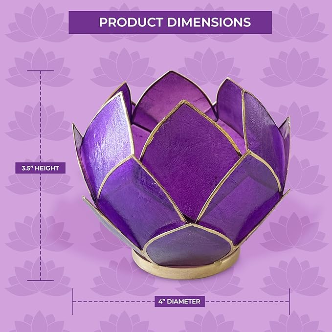 Blooming Lotus Capiz Shell Tealight Candle Holder, Handcrafted Decorative Tea Light Candleholder with Translucent Flower Petals for Ambient Illumination and Natural Elegance, Purple