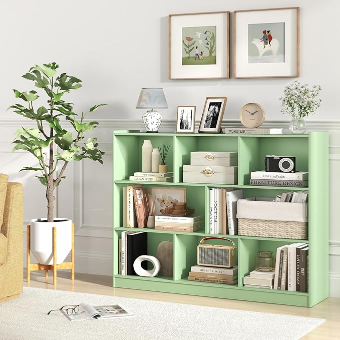 Tangkula 8-Cube Bookcase, Wood 3 Tier Open Storage Bookshelf, Modern Multipurpose Display Cabinet for Living Room, Study, Reading Nook, 48 x 12.5 x 36.5 Inch (Green)