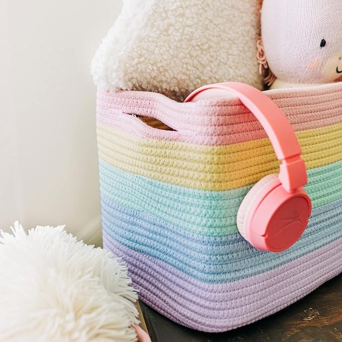 OrganiHaus Set of 3 Rainbow Woven Storage Baskets for Organizing, Cotton Rope Organizer Bins for Shelves, Closet & Nursery, Dog Toy Basket, Decorative Bins for Toys, Towels & Books - 15x10x9