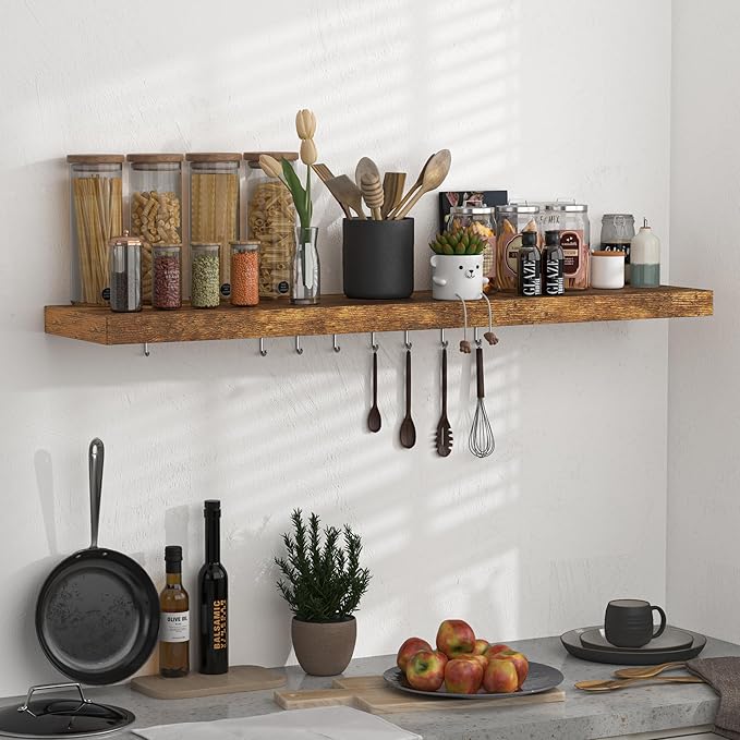 Floating Shelves - 10.23 Inch Deep Wall Shelf for Decor & Storage - Wall Mounted Display Shelving with Invisible Heavy-Duty Metal Bracket - 48" W x 10.23" D x 1.8" H - Set of 1 - Rustic Brown