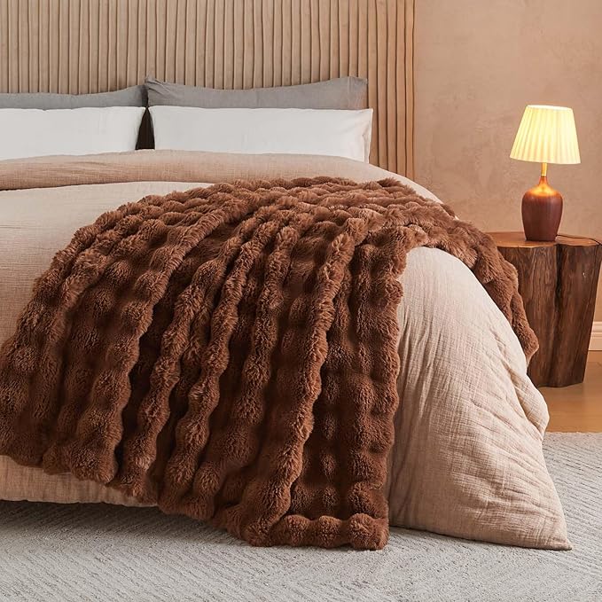 Lotus Karen Faux Fur Throw Blanket Dark Coffee - Big Bubble Rabbit Fluff Blanket for Couch Bed Sofa,Softest Fluffy Fuzzy Cozy Blanket,Thick Furry Plush Shaggy Warm Blankets for Women,90x90 Inches