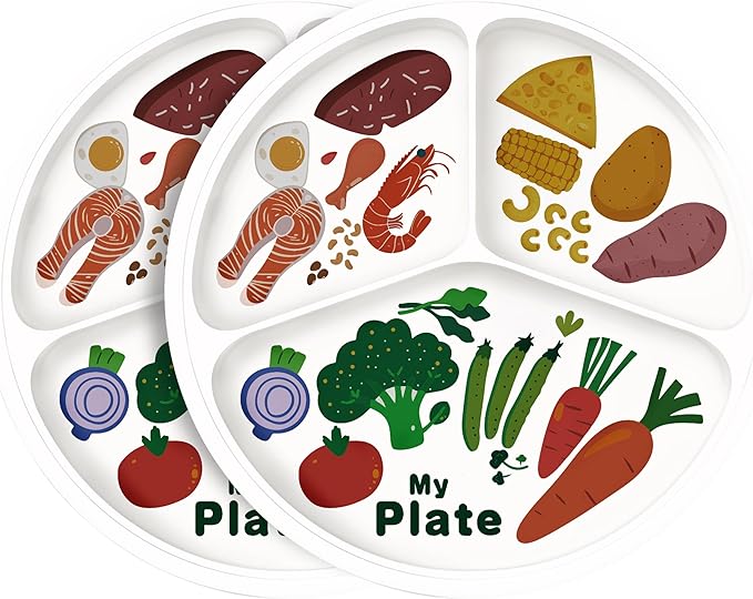 10" 3-Grid Cute Cartoon Portion Control Plate - Melamine, Healthy Nutrition for Weight Loss & Diabetes Management, Ideal for Adults & Teens Kids (2 Pack)