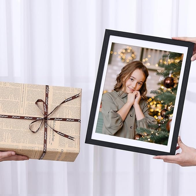 Vittanly 12x16 Picture Frames Set of 9, Shatter Resistant Plexiglass, Display 11x14 Pictures with Mat or 12x16 without Mat, Photo Frames for Wall Mount, Engineered Wood, Black
